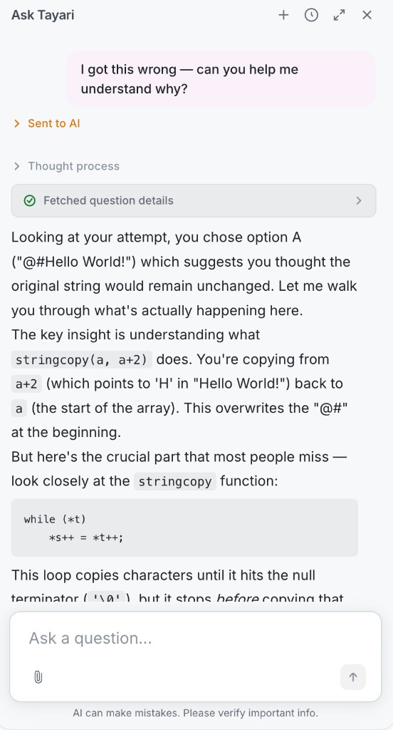 Ask Tayari AI mentor explaining why you got a GATE question wrong, referencing your specific attempt and walking through the solution step by step