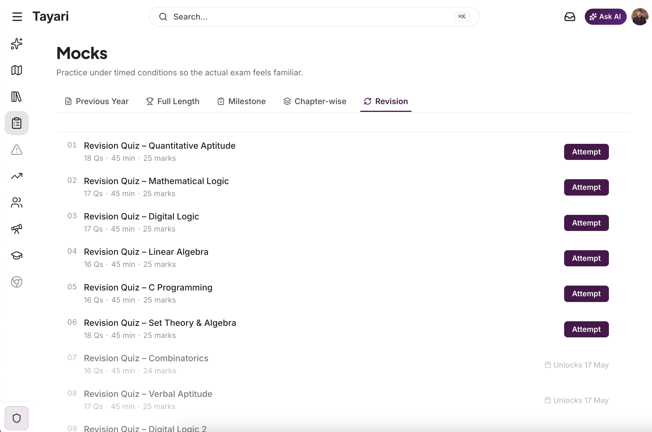 Tayari — revision quizzes and mock tests with timed practice