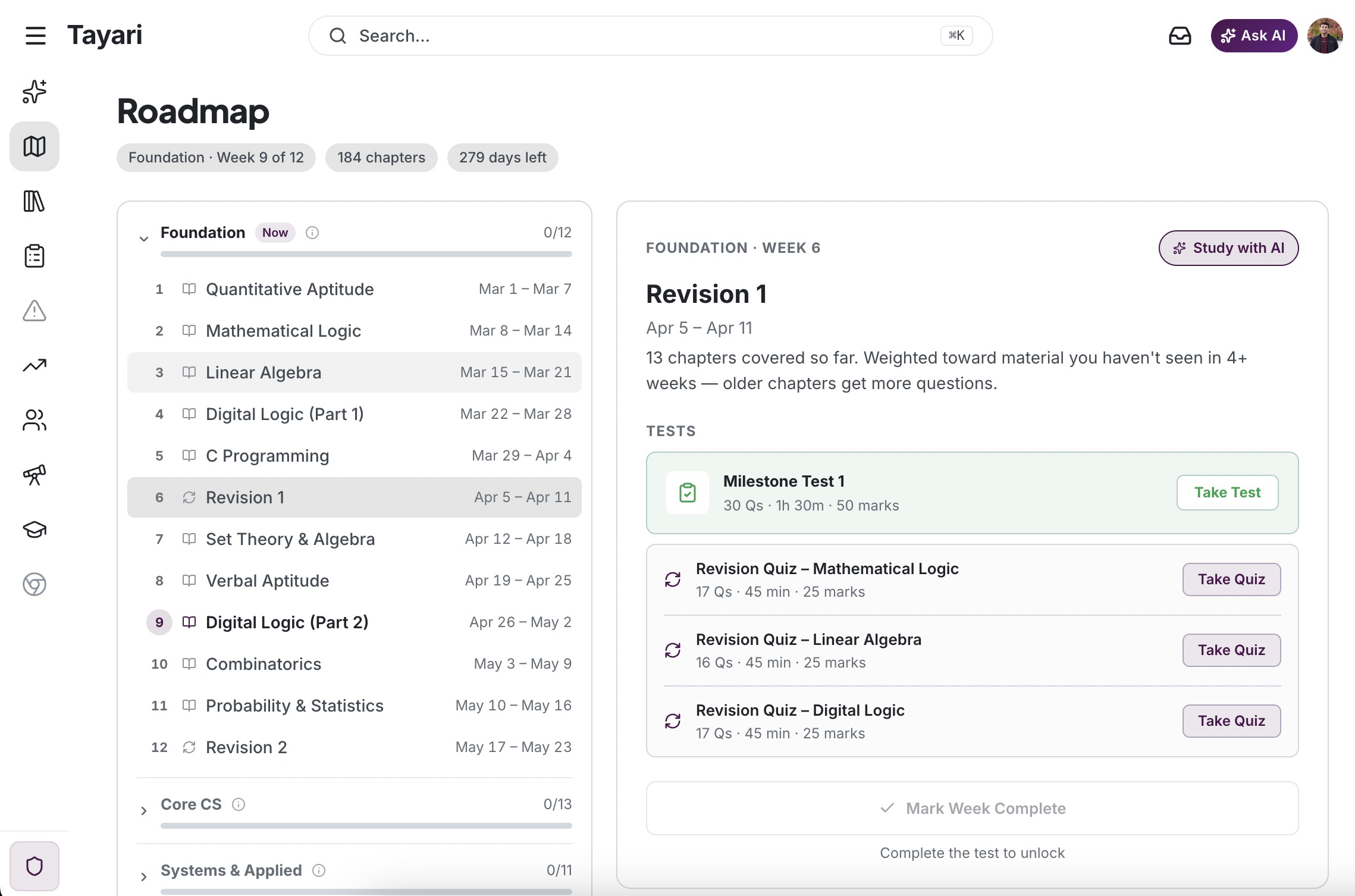 Tayari — structured week-by-week GATE study roadmap with milestone tests