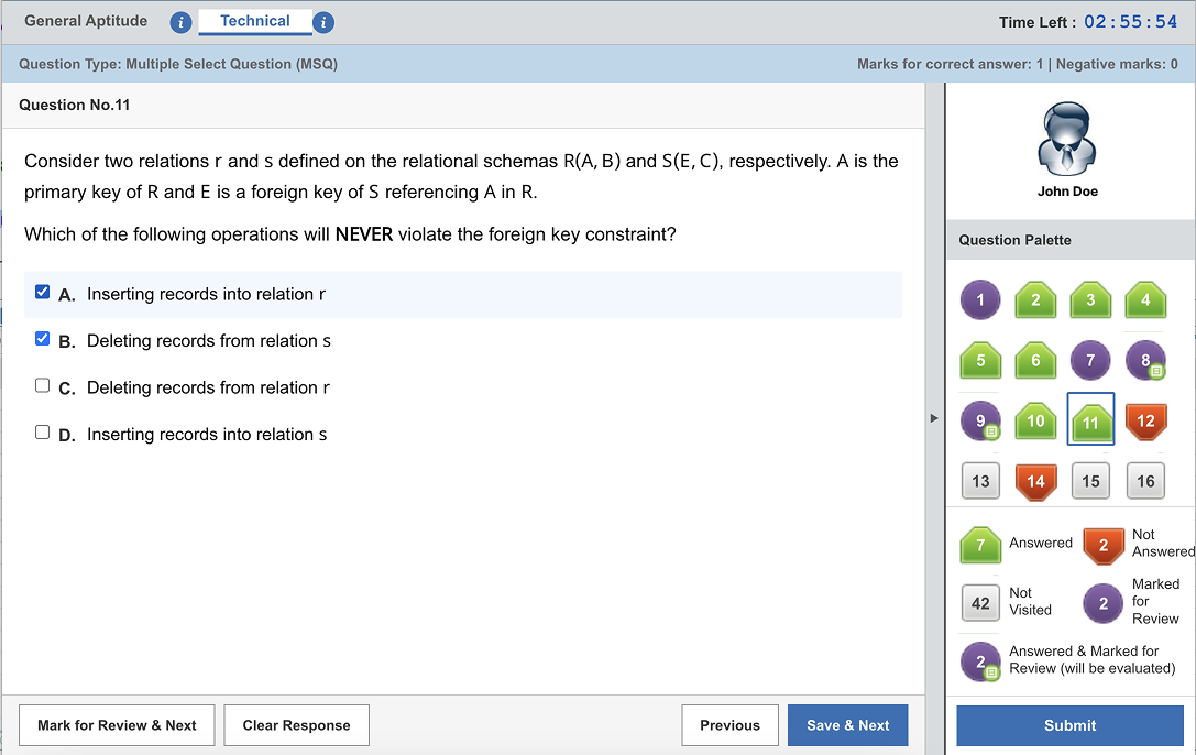 Tayari mock test in the real GATE exam interface — question palette, timer, mark for review, and sectional navigation